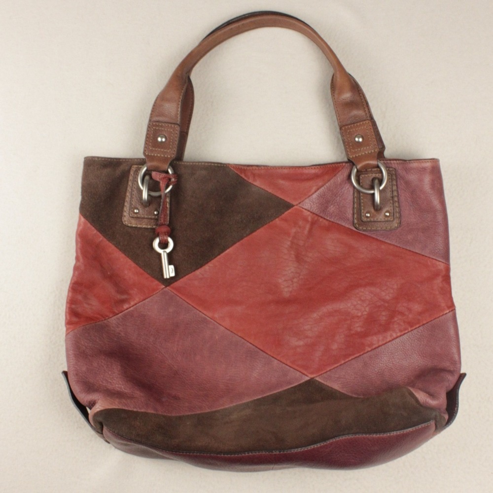 Fossil Patchwork Leather Suede Hobo Bag Brown Purple Wine Shoulder